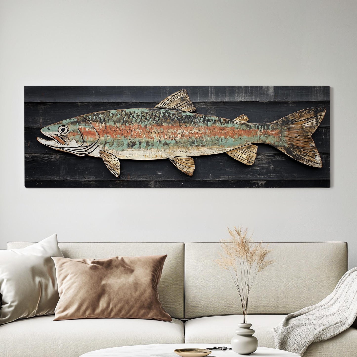 Rustic Trout Panoramic Art Above Bed, Canvas Fishing Shack Wall Art Print, Lake House Decor Canvas Art