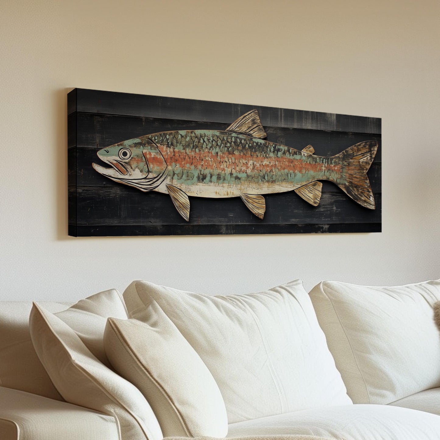 Rustic Trout Panoramic Art Above Bed, Canvas Fishing Shack Wall Art Print, Lake House Decor Canvas Art