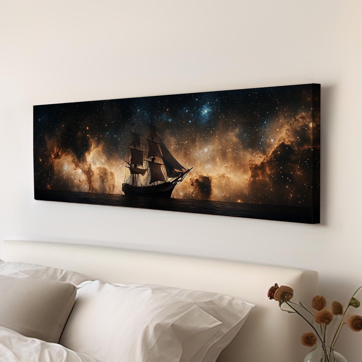 Pirate Ship Horizon Panoramic Art Wild Seas, Canvas Nautical Vibes Wall Art Print, Starry Night Decor Canvas Art