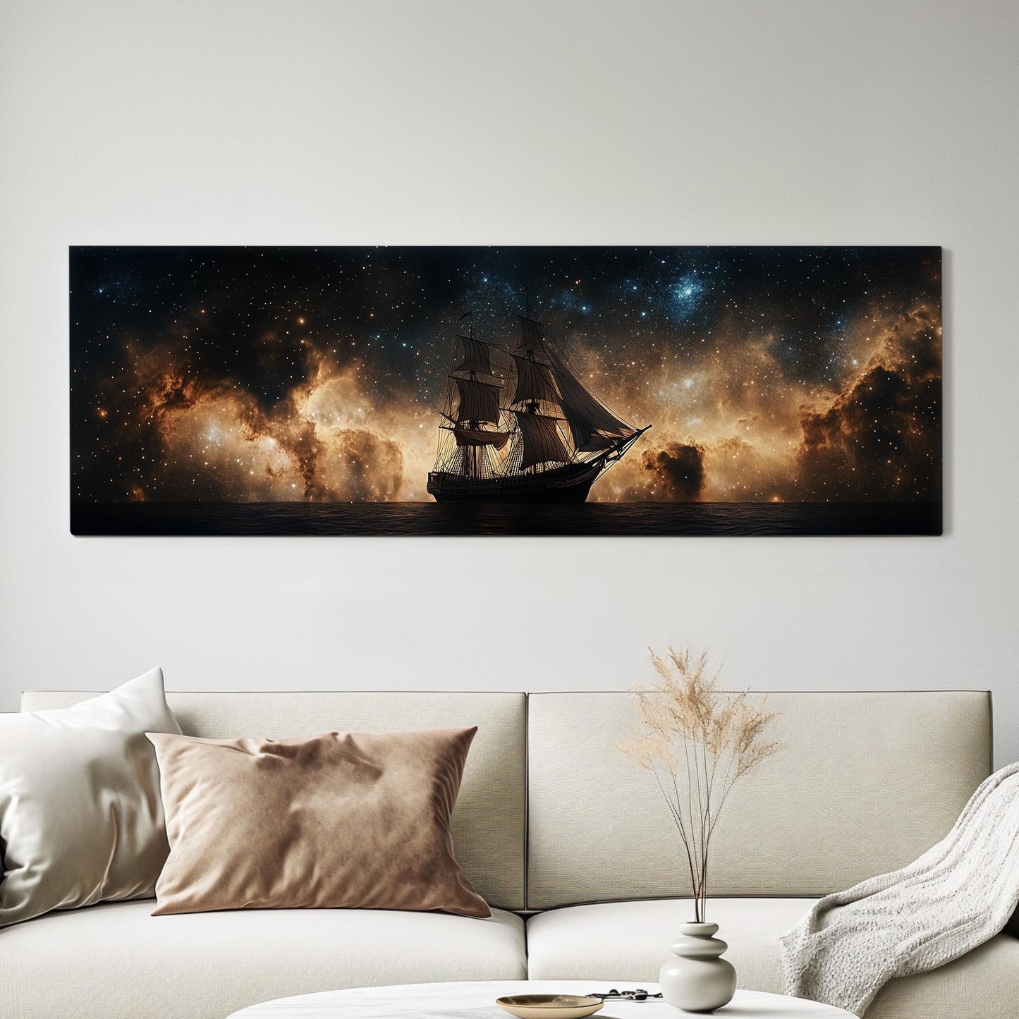Pirate Ship Horizon Panoramic Art Wild Seas, Canvas Nautical Vibes Wall Art Print, Starry Night Decor Canvas Art
