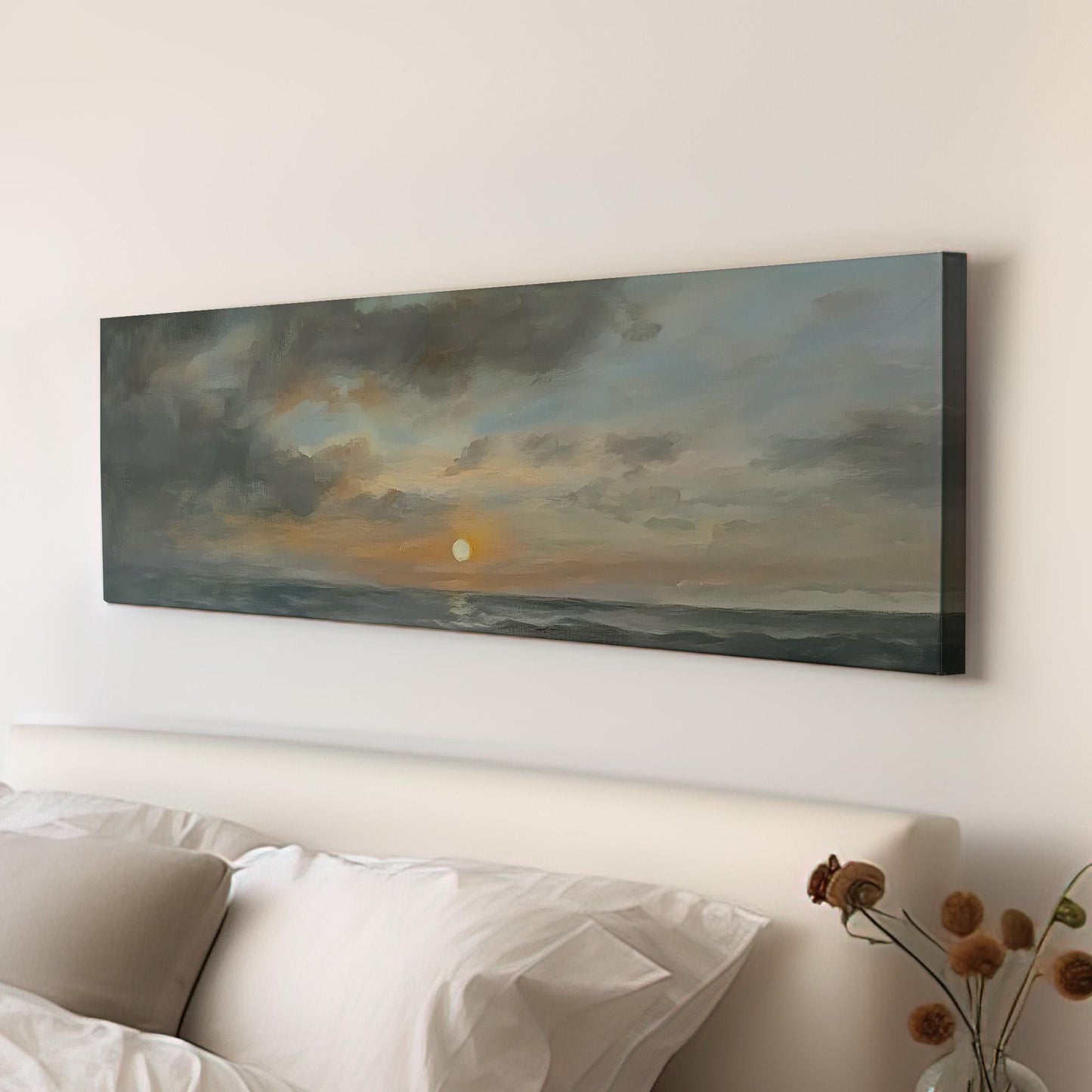 Ocean Sunset Panoramic Art For Living Room, Canvas Boat House Wall Art Print, Nautical Decor Canvas Art