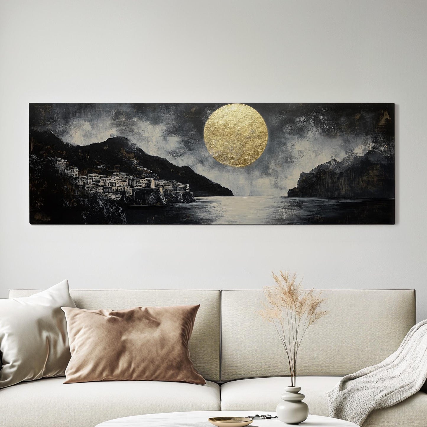 Amalfi Coast Full Moon Panoramic Art For Bedroom, Canvas Italian Wall Art Print, Coastal Decor Canvas Art