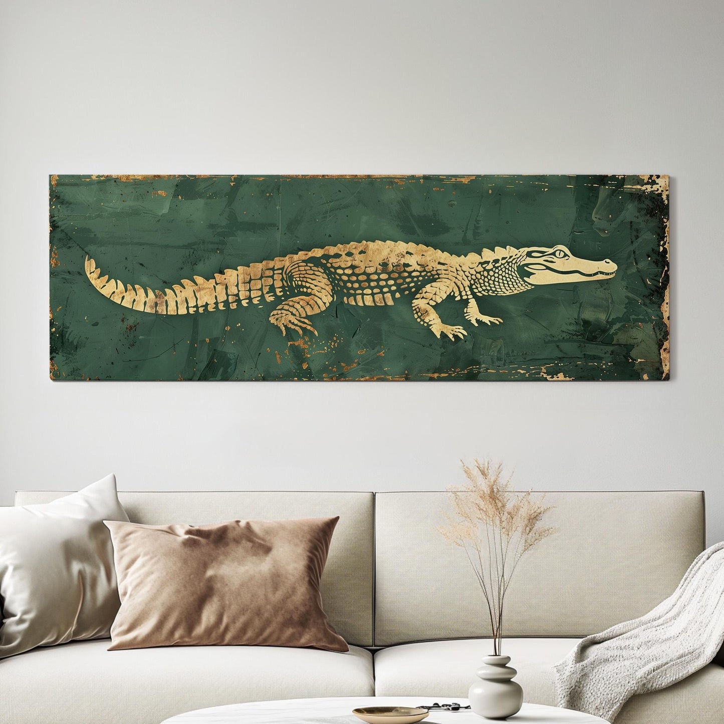 Gold And Green Alligator Panoramic Art For Bedroom, Canvas Florida Art Wall Art Print, Minimal Wildlife Decor Canvas Art