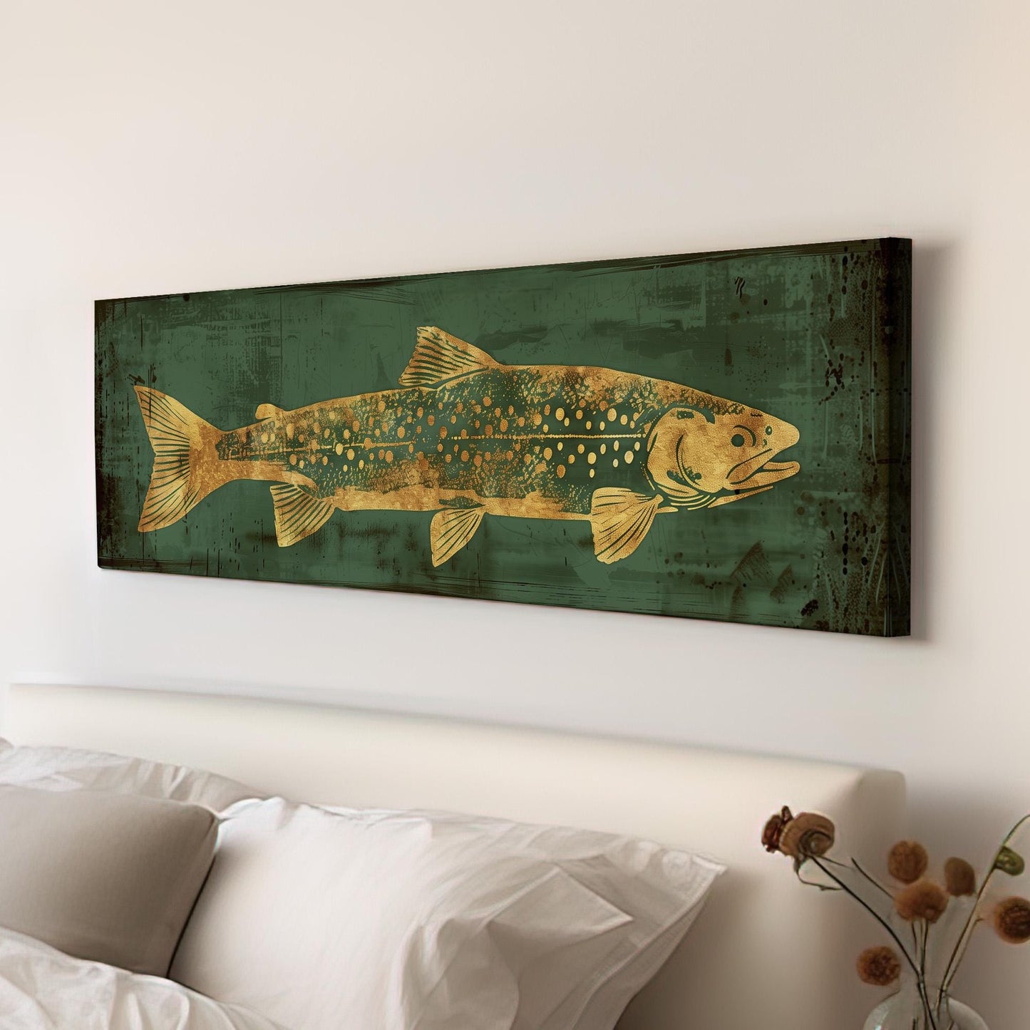 Green And Gold Trout Panoramic Art Above Bed, Canvas Fishing Wall Art Print, Lake House Decor Canvas Art