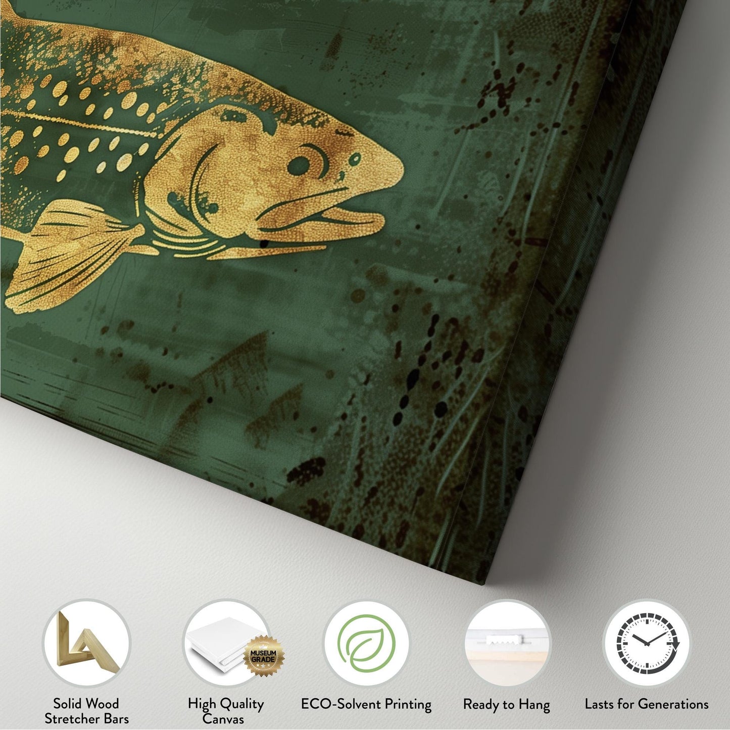 Green And Gold Trout Panoramic Art Above Bed, Canvas Fishing Wall Art Print, Lake House Decor Canvas Art