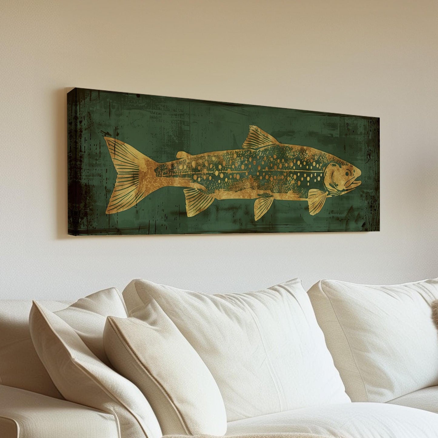 Green And Gold Trout Panoramic Art Above Bed, Canvas Fishing Wall Art Print, Lake House Decor Canvas Art