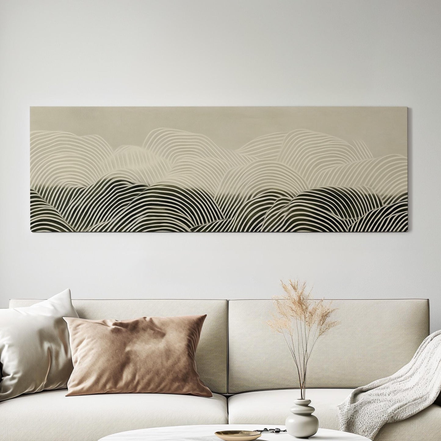 Neutral Line Landscape Panoramic Art Above Bed, Canvas Wavy Abstract Wall Art Print, Soft Earth Tones Decor Canvas Art