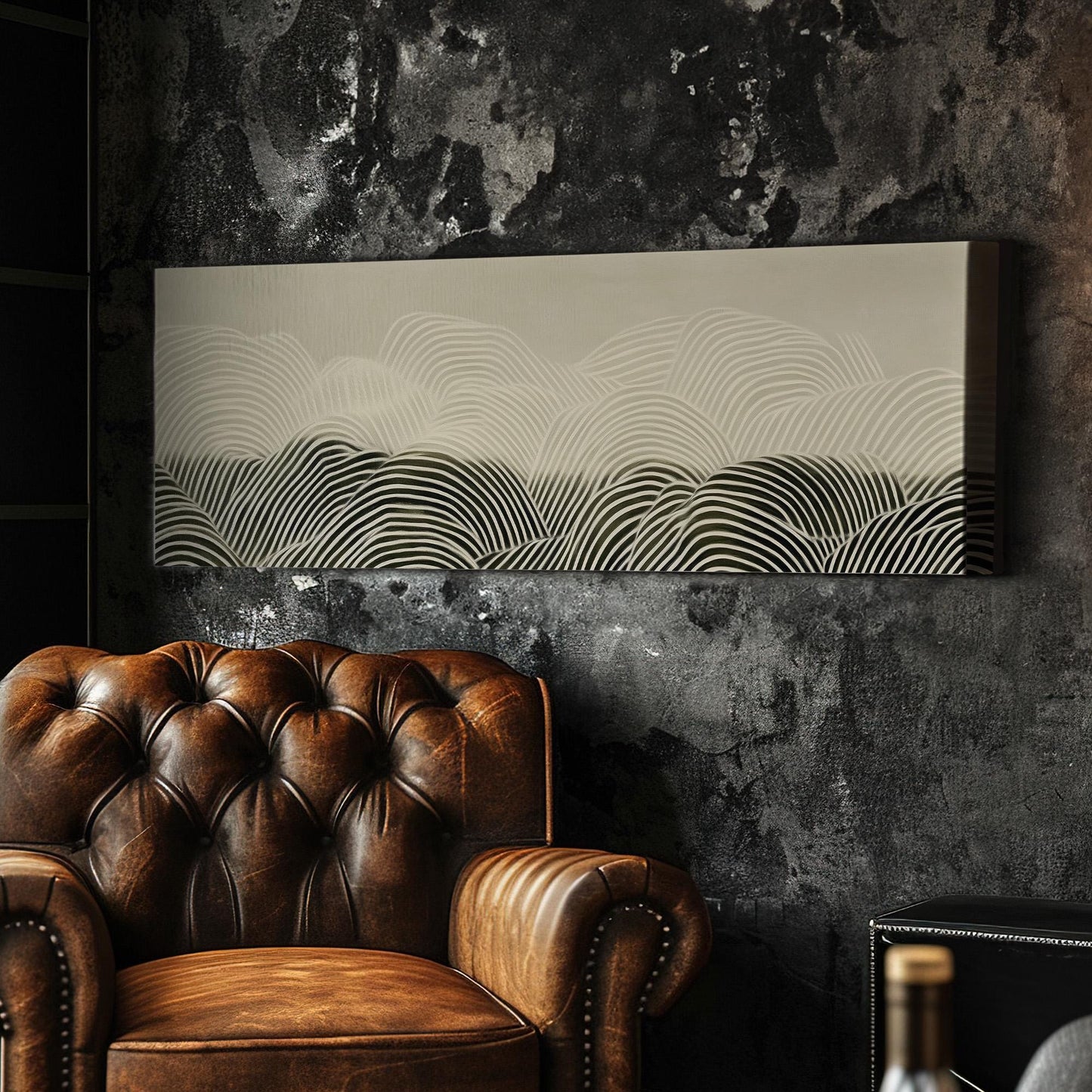 Neutral Line Landscape Panoramic Art Above Bed, Canvas Wavy Abstract Wall Art Print, Soft Earth Tones Decor Canvas Art