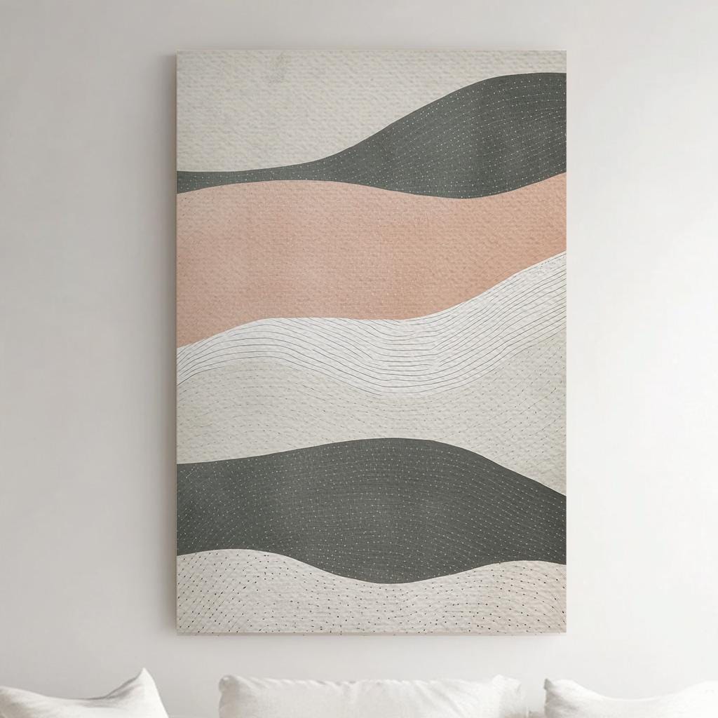 Blush Horizons Wall Art For Living Room, Vertical Soft Flowing Waves Canvas Print, Muted Waves Decor Canvas Art