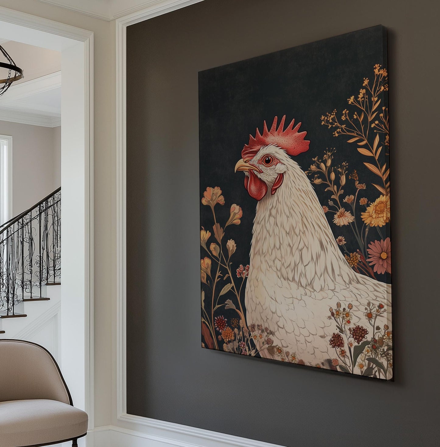 Floral Rooster Wall Art Rustic Farmhouse, Vertical Homestead Canvas Print, Chicken Coup Decor Canvas Art