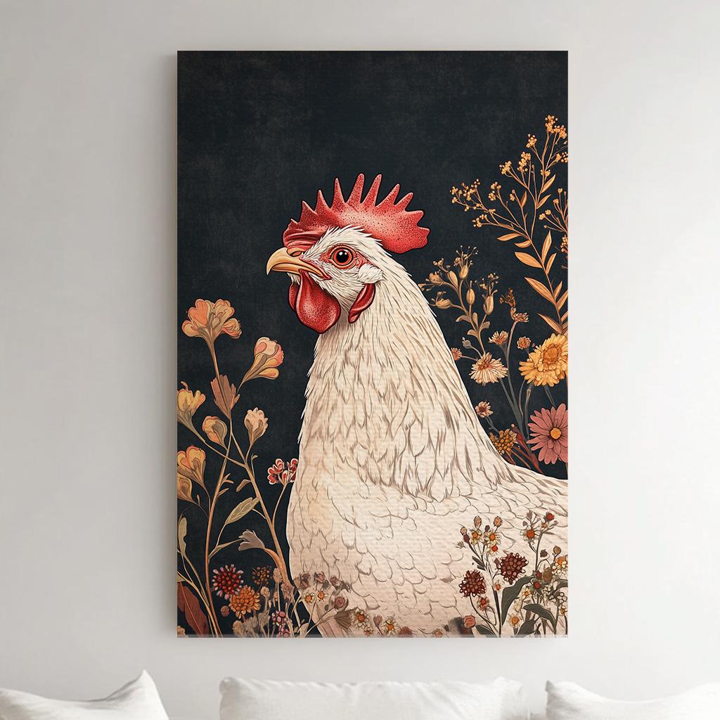 Floral Rooster Wall Art Rustic Farmhouse, Vertical Homestead Canvas Print, Chicken Coup Decor Canvas Art