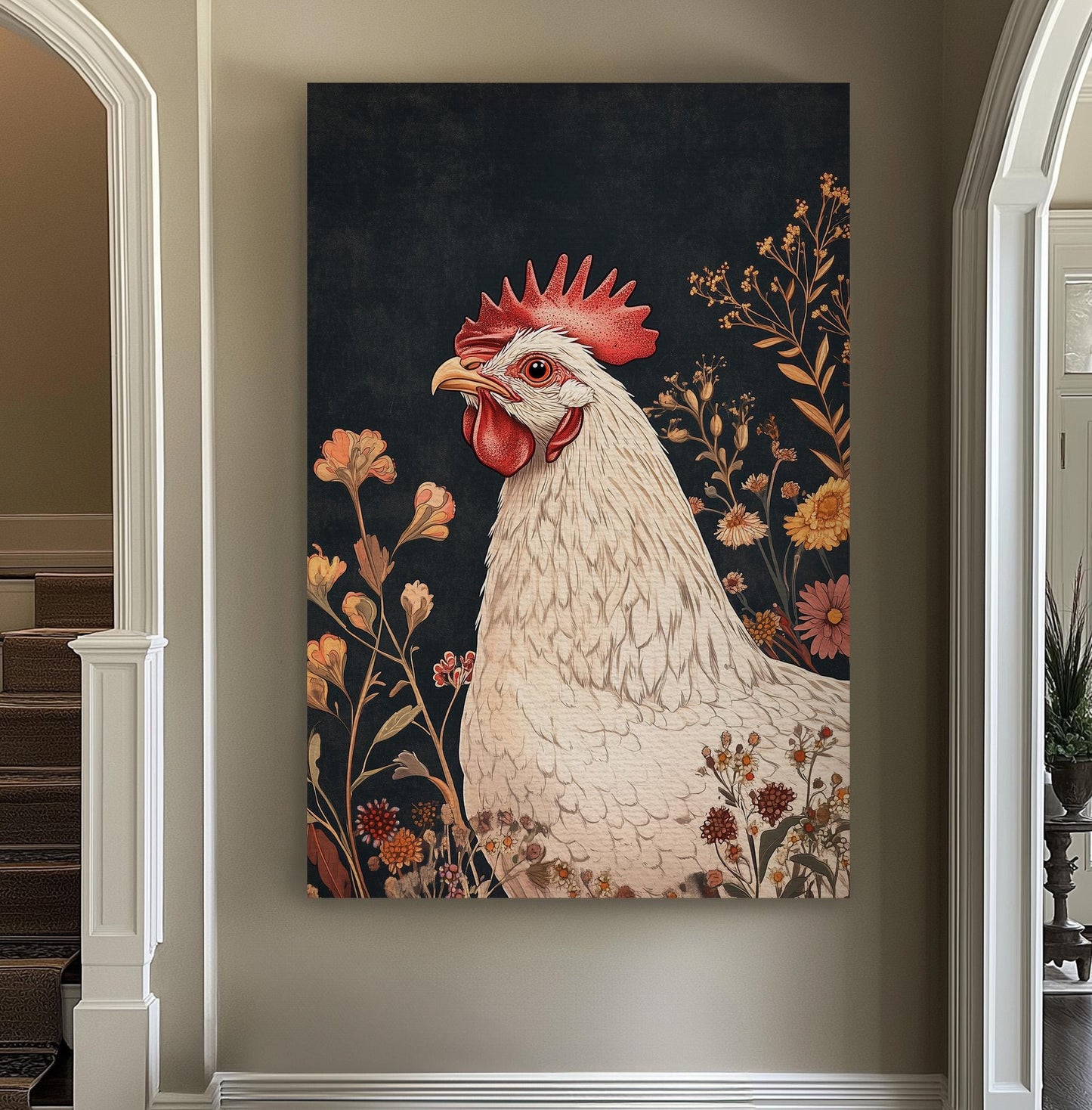 Floral Rooster Wall Art Rustic Farmhouse, Vertical Homestead Canvas Print, Chicken Coup Decor Canvas Art