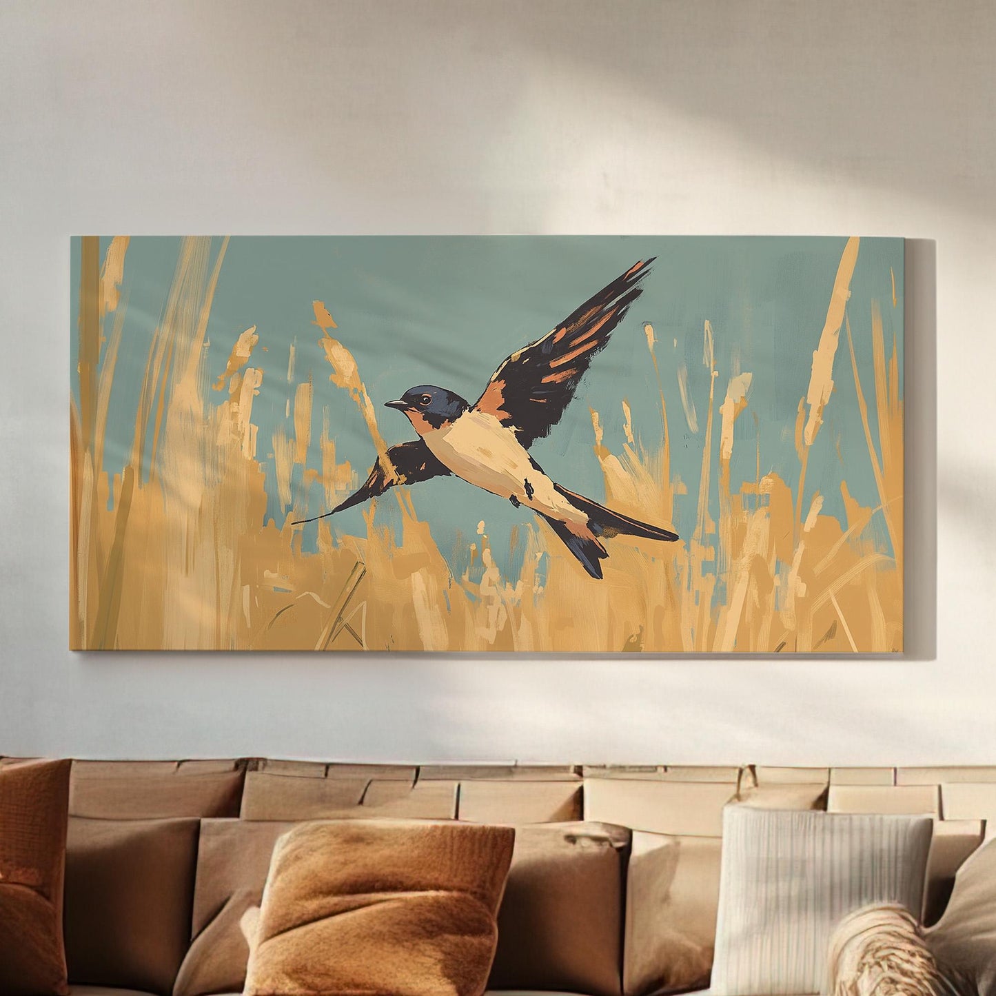 Flying Swallow Wall Art For Living Room, Horizontal Farmhouse Canvas Print, Yellow Tall Grass Decor Canvas Art