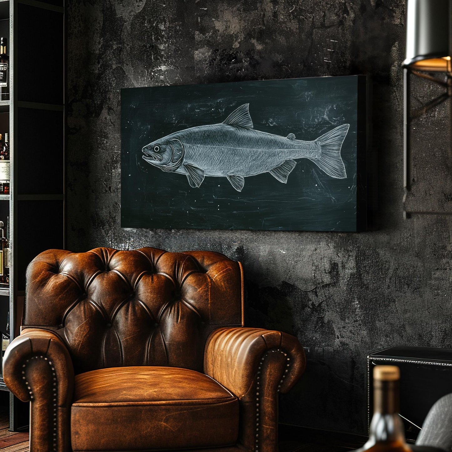 Green Salmon Line Art Wall Art For Living Room, Horizontal Fishing Shack Canvas Print, Lake House Decor Canvas Art