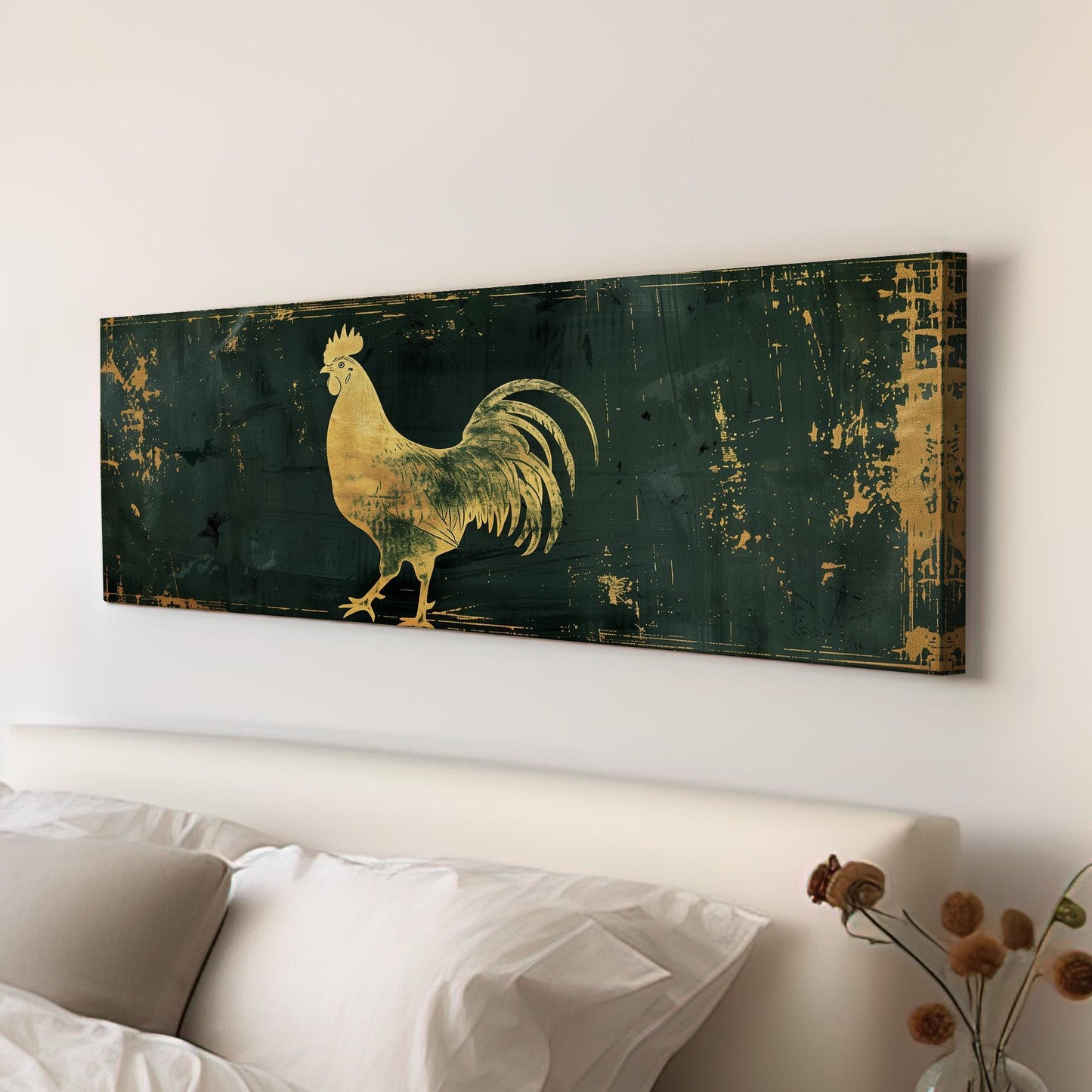 Green And Gold Rooster Panoramic Art Rustic Farmhouse, Canvas Homestead Wall Art Print, Chicken Coup Decor Canvas Art