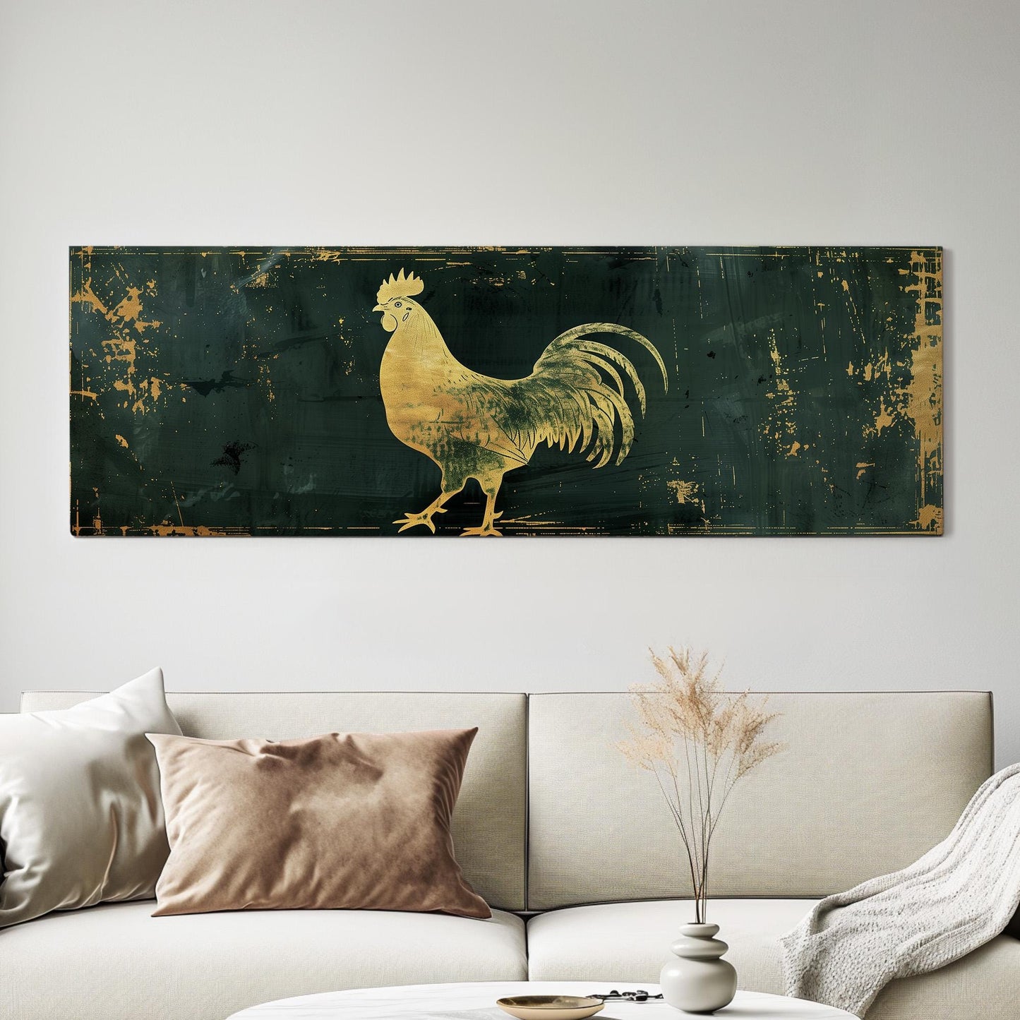 Green And Gold Rooster Panoramic Art Rustic Farmhouse, Canvas Homestead Wall Art Print, Chicken Coup Decor Canvas Art
