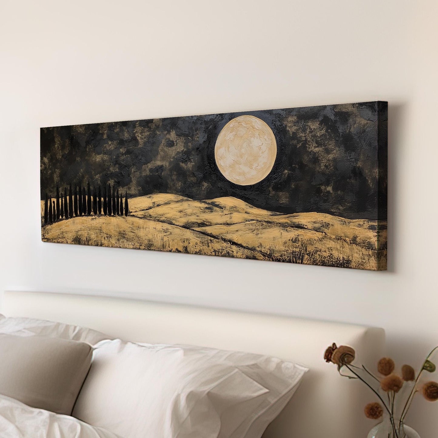 Gold Tuscany Fields Panoramic Art Above Bed, Canvas Mediterranean Wall Art Print, Black and Gold Decor Canvas Art