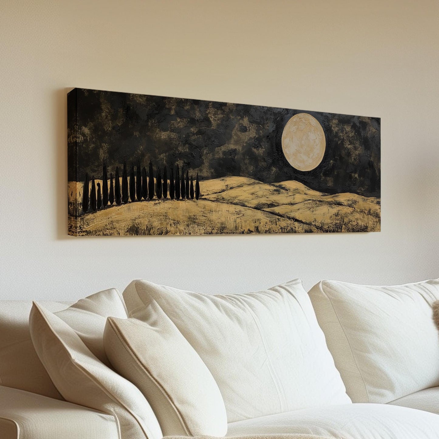 Gold Tuscany Fields Panoramic Art Above Bed, Canvas Mediterranean Wall Art Print, Black and Gold Decor Canvas Art