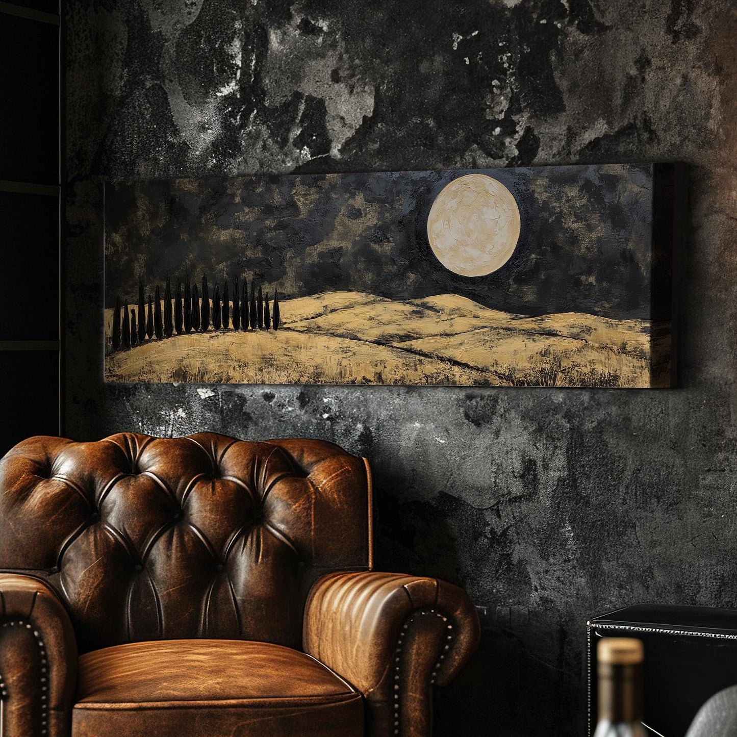 Gold Tuscany Fields Panoramic Art Above Bed, Canvas Mediterranean Wall Art Print, Black and Gold Decor Canvas Art