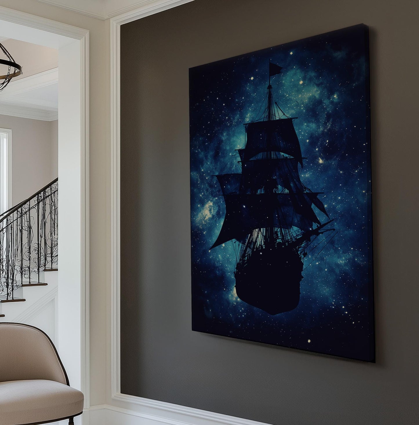 Flying Abstract Pirate Ship Wall Art Starry Night, Vertical Nautical Vibes Canvas Print, Adventurous Calm Decor Canvas Art