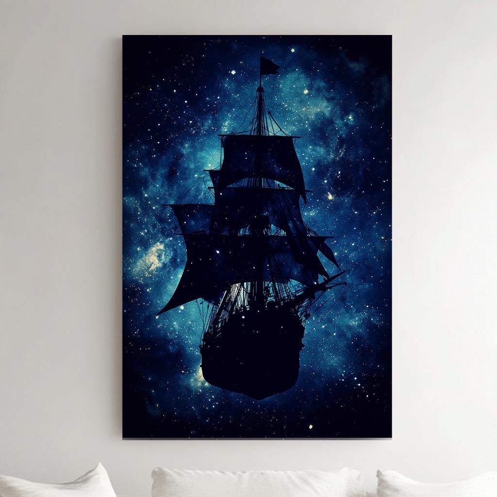 Flying Abstract Pirate Ship Wall Art Starry Night, Vertical Nautical Vibes Canvas Print, Adventurous Calm Decor Canvas Art