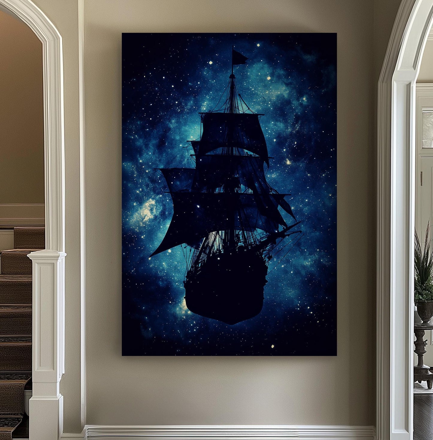 Flying Abstract Pirate Ship Wall Art Starry Night, Vertical Nautical Vibes Canvas Print, Adventurous Calm Decor Canvas Art
