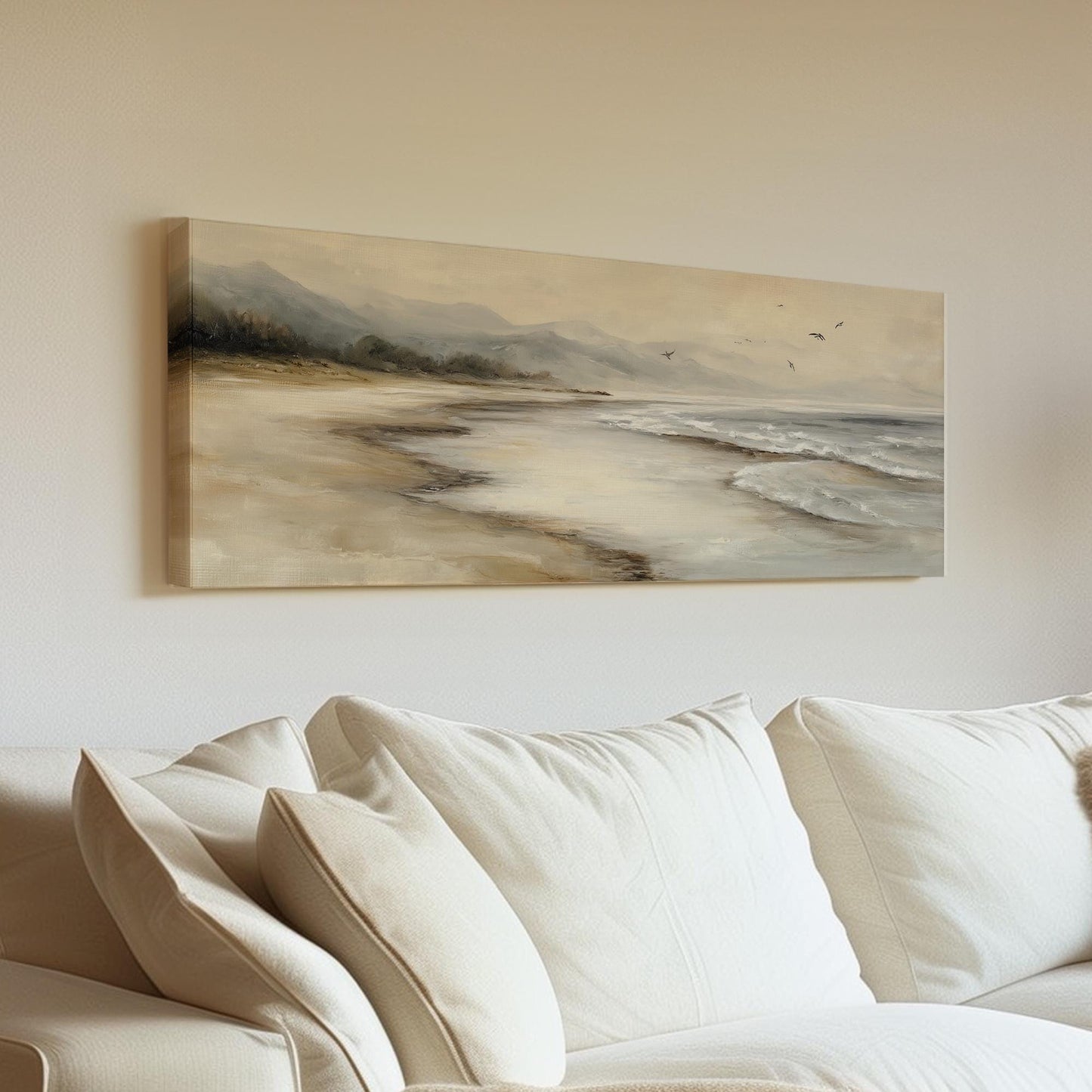 Serene Shoreline Canvas Art Impressionist Print Coastal Wall Art For Bedroom Sandy Beige Art Seascape Decor Panoramic Wall Art