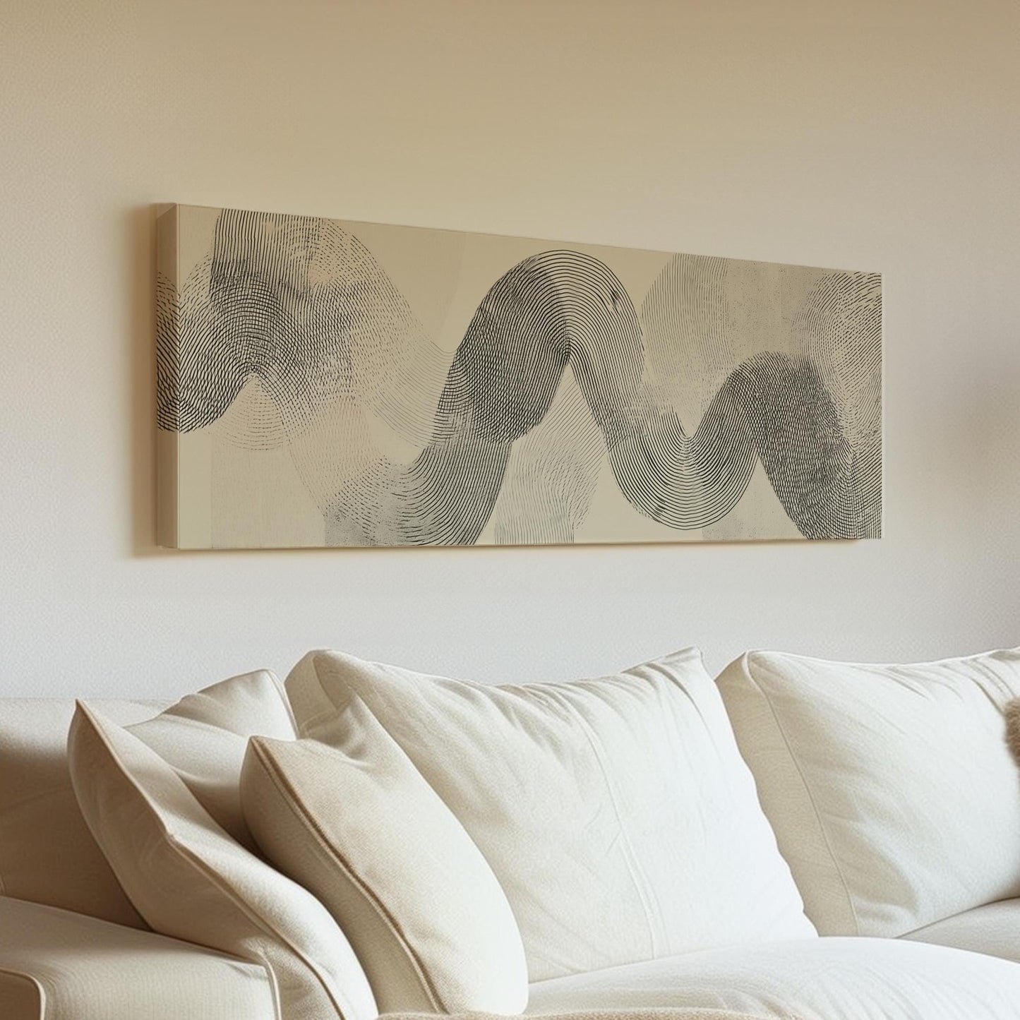 Flowing Lines Canvas Art Abstract Print Modern Wall Art For Living Room Sandy Beige Art Pattern Decor Panoramic Wall Art