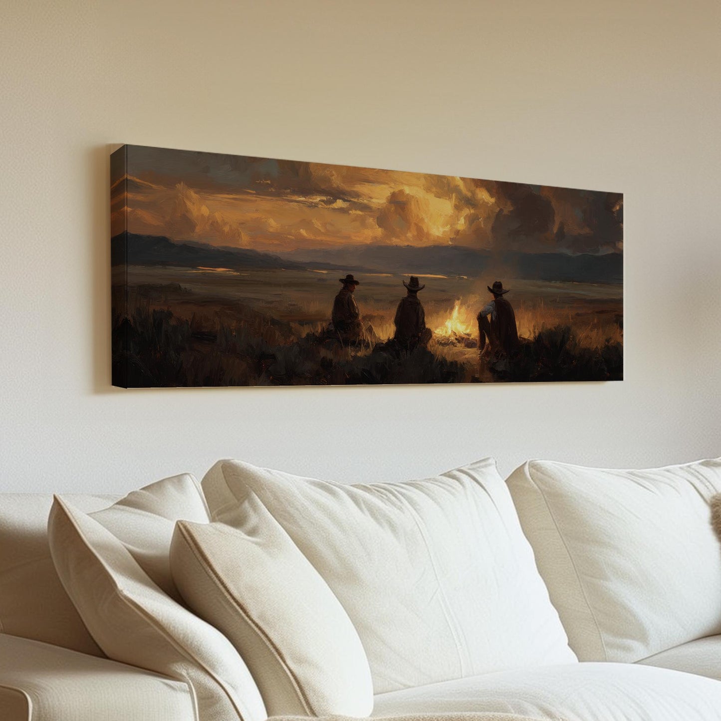 Cowboys at Dusk Canvas Print: Western Landscape, Rustic Wall Art