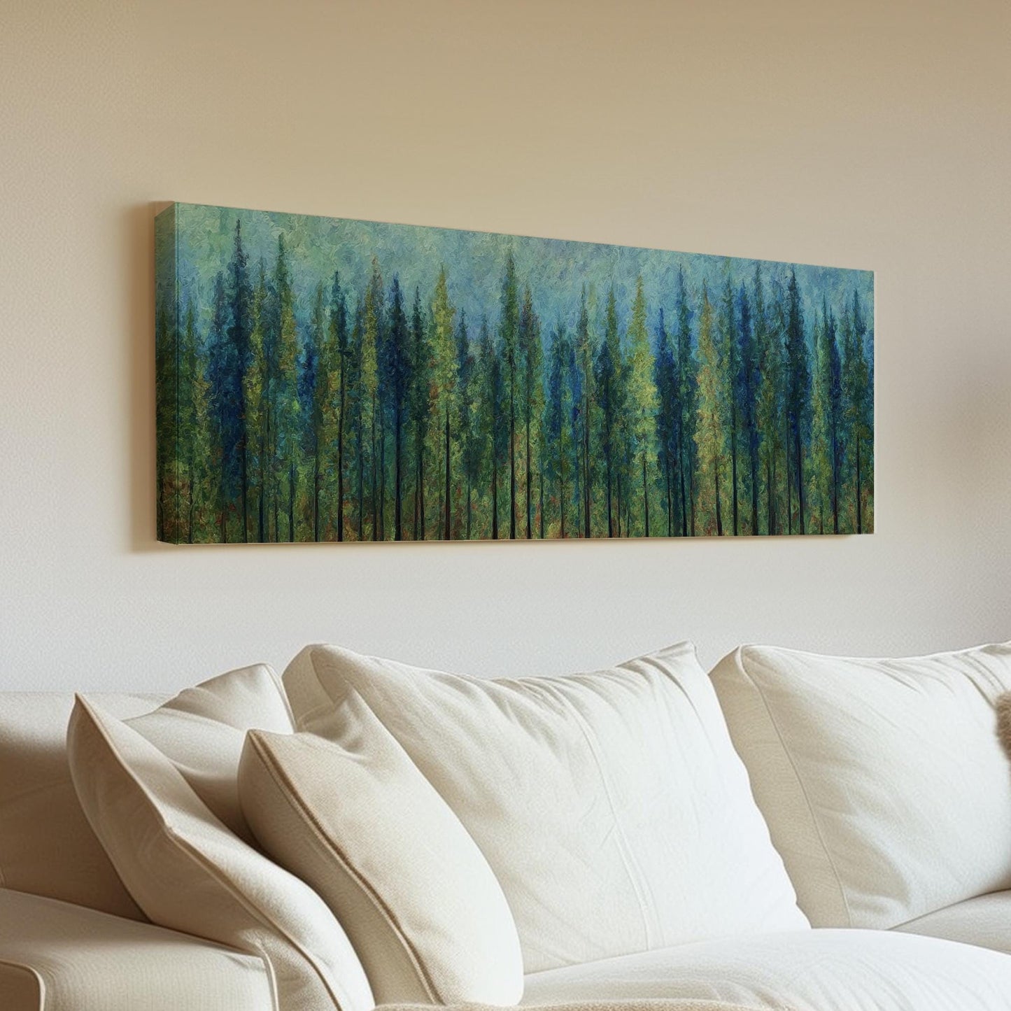 Majestic Pines Canvas Art Impressionist Print Rustic Wall Art For Living Room Verdant Emerald Art Forest Landscape Decor Panoramic Wall Art