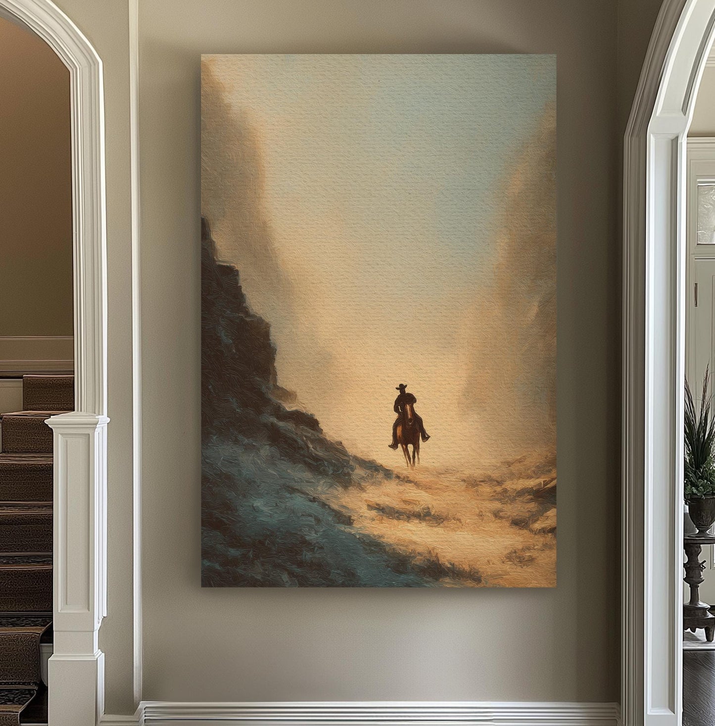 Lone Rider At Dusk Canvas Art Western Landscape Print Rustic Wall Art For Living Room Desert Sand Art Cowboy Journey Decor Vertical Canvas