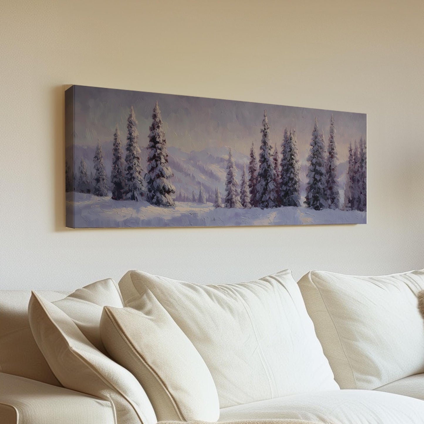 Snowy Pines Serenity Canvas Art Impressionist Print Rustic Wall Art For Living Room Lavender Mist Art Winter Landscape Decor Panoramic Art
