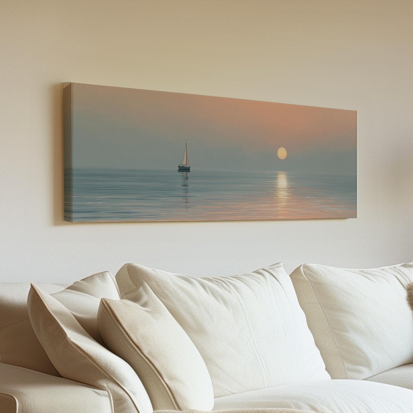 Serene Sunset Voyage Canvas Art Impressionist Print Coastal Wall Art For Living Room Peach Mist Art Sailboat Decor Panoramic Wall Art