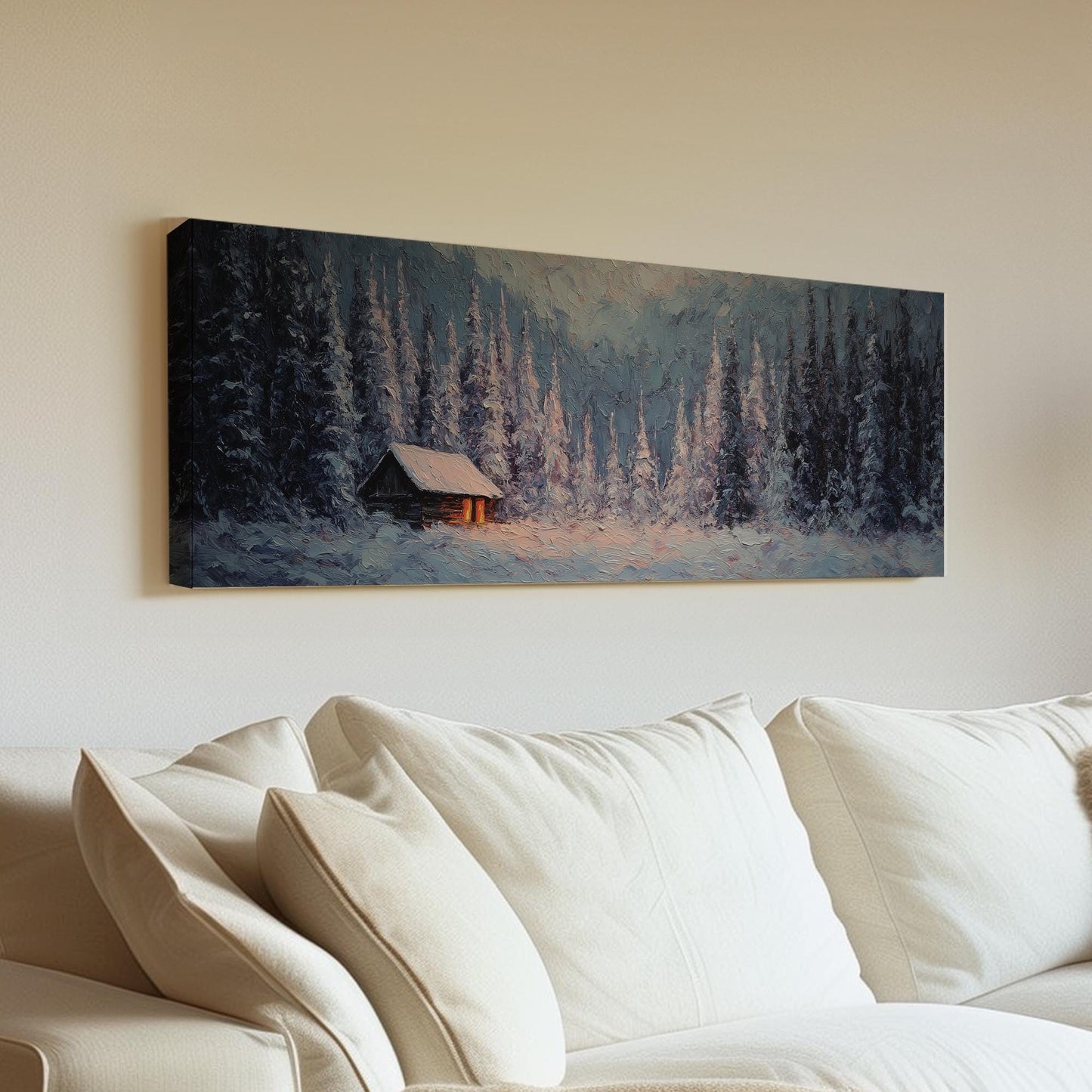 Cozy Winter Cabin Canvas Art Impressionist Print Rustic Wall Art For Living Room Frosted Sapphire Art Snowy Landscape Decor Panoramic Art