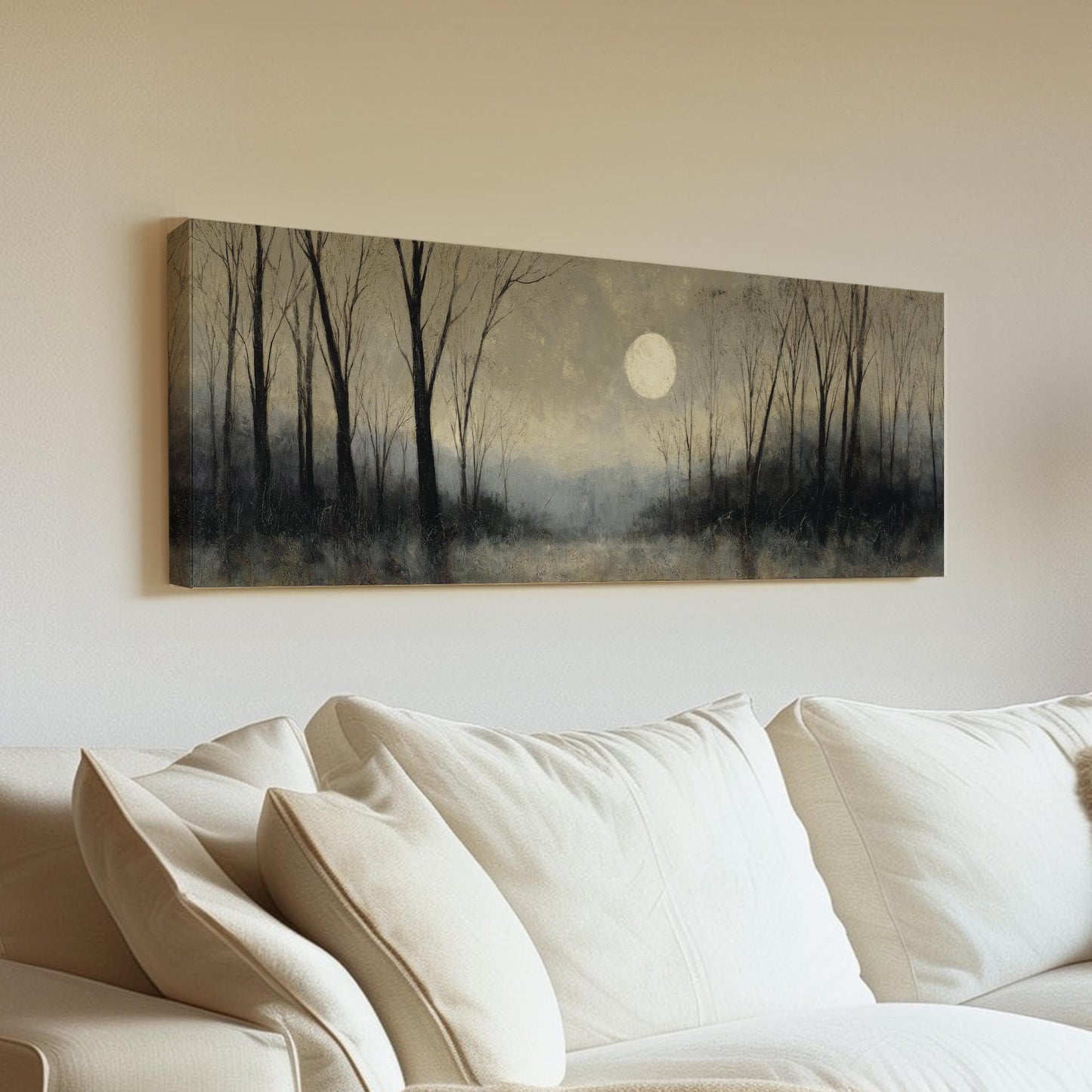 Moonlit Forest Canvas Art Impressionist Print Rustic Wall Art For Bedroom Silver Moonlight Art Woodland Decor Panoramic Wall Art