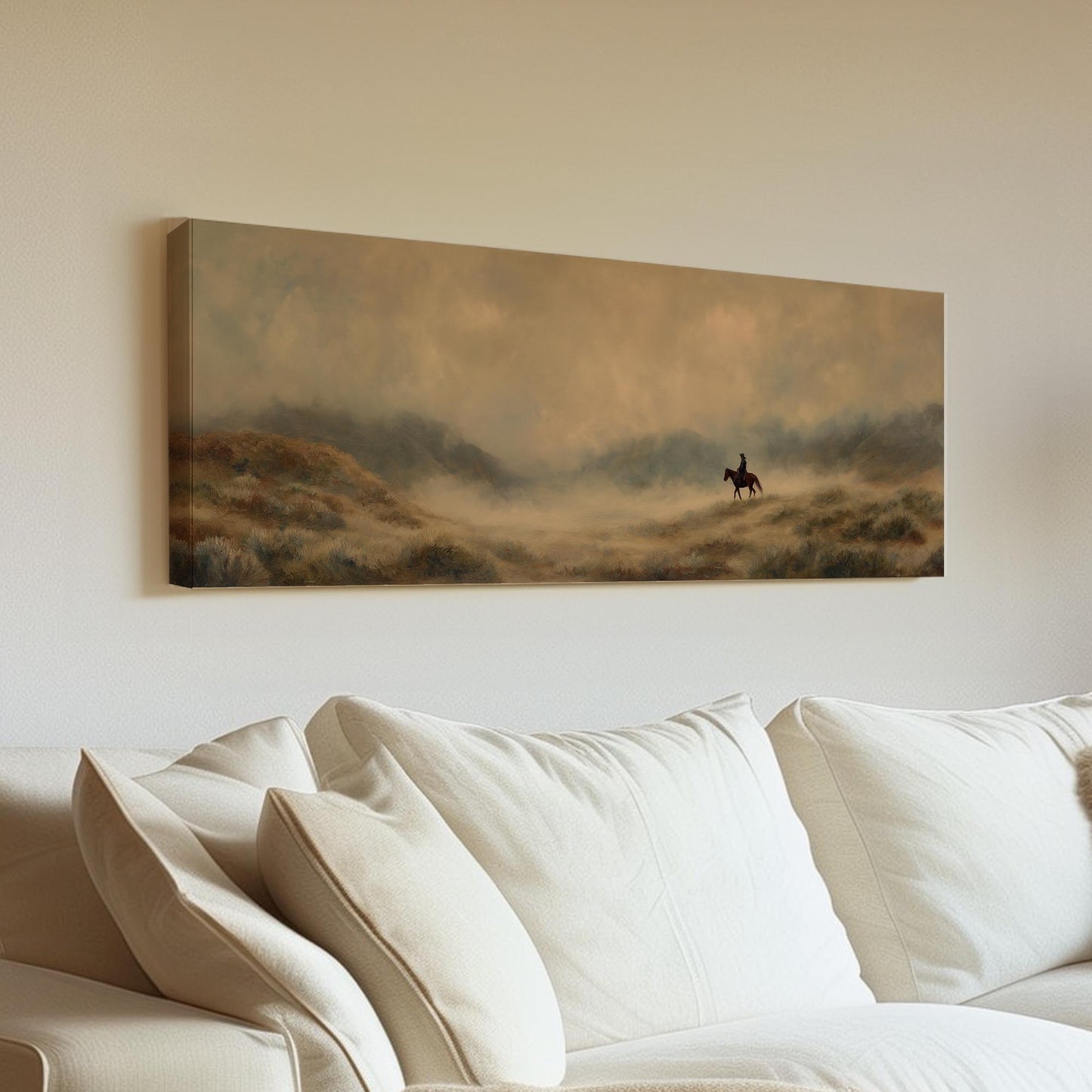 Lone Rider Horizon Canvas Art Western Landscape Print Rustic Wall Art For Living Room Sandy Bronze Art Wilderness Decor Panoramic Wall Art