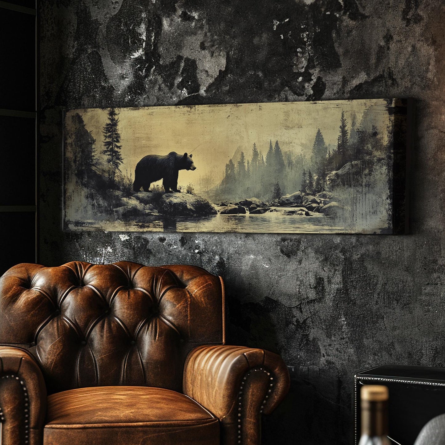 Grizzly Bear Solitude Canvas Art | Distressed Vintage Print | Mountain Modern Wall Art For Living Room | Smoky Quartz Art Panoramic Wall Art