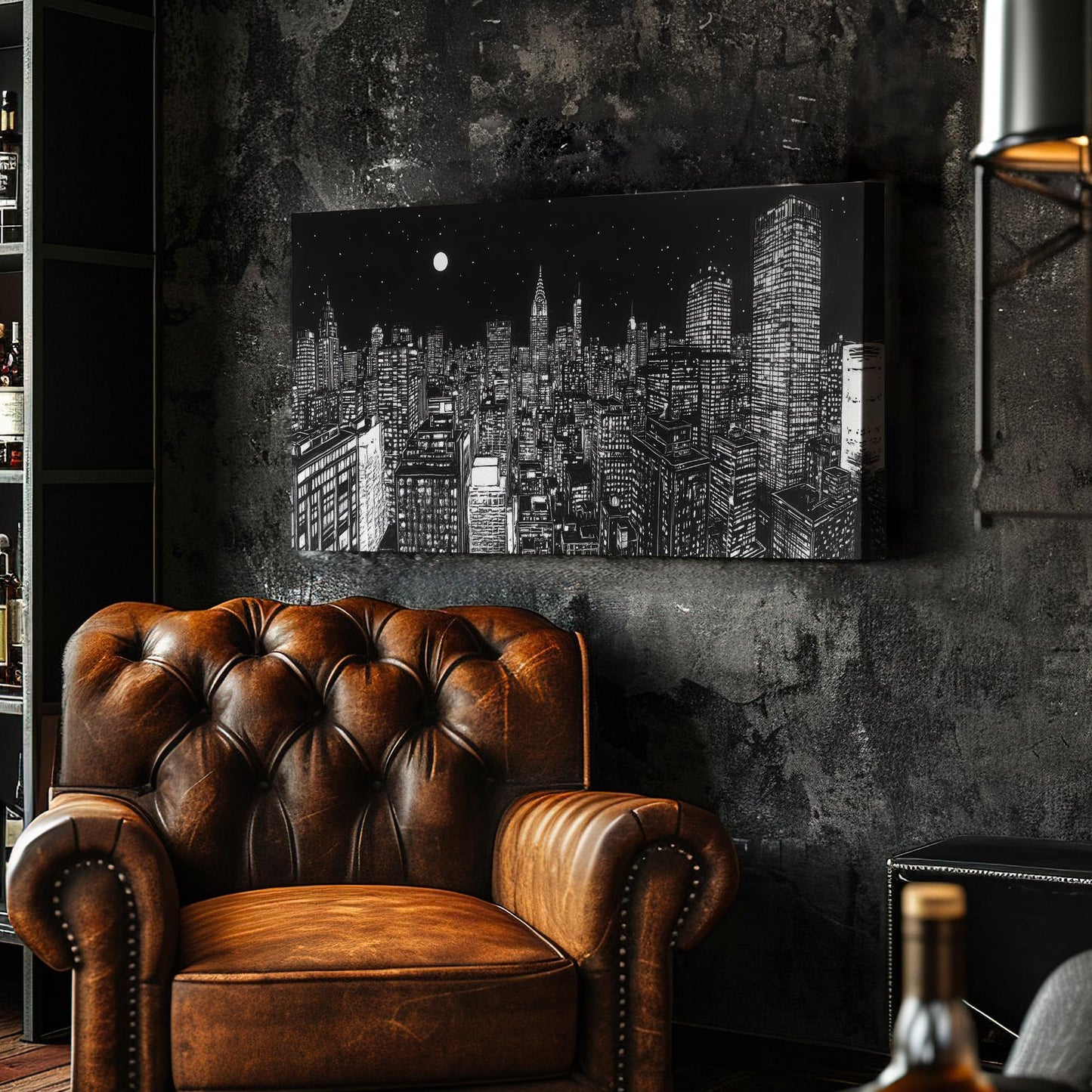 Manhattan Nightscape Canvas Art | Linocut Print | Modernist Wall Art For Living Room | Moonlit Charcoal Art Horizontal Art