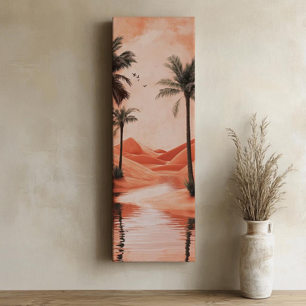 Desert Oasis Palm Trees Canvas Art | Minimalist Digital Print | Biophilic Wall Art For Living Room | Terracotta Sunset Art Long Vertical Art