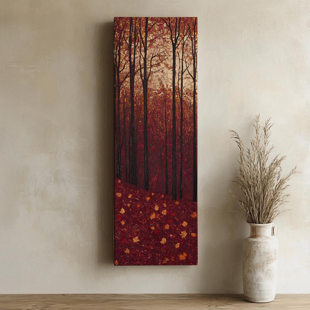 Autumnal Canopy Canvas Art | Impasto Print | Biophilic Wall Art For Living Room | Burgundy Ochre Art Long Vertical Art