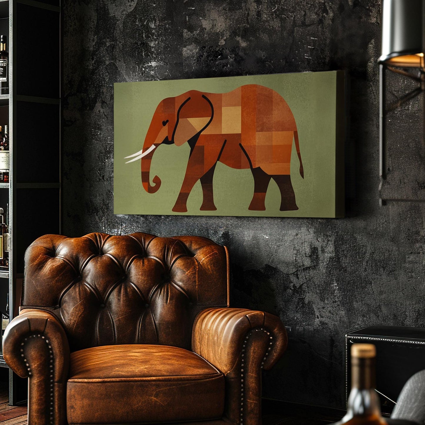 African Elephant Canvas Art | Geometric Cubism Print | Bohemian Wall Art For Living Room | Terracotta Sage Green Art Horizontal Art