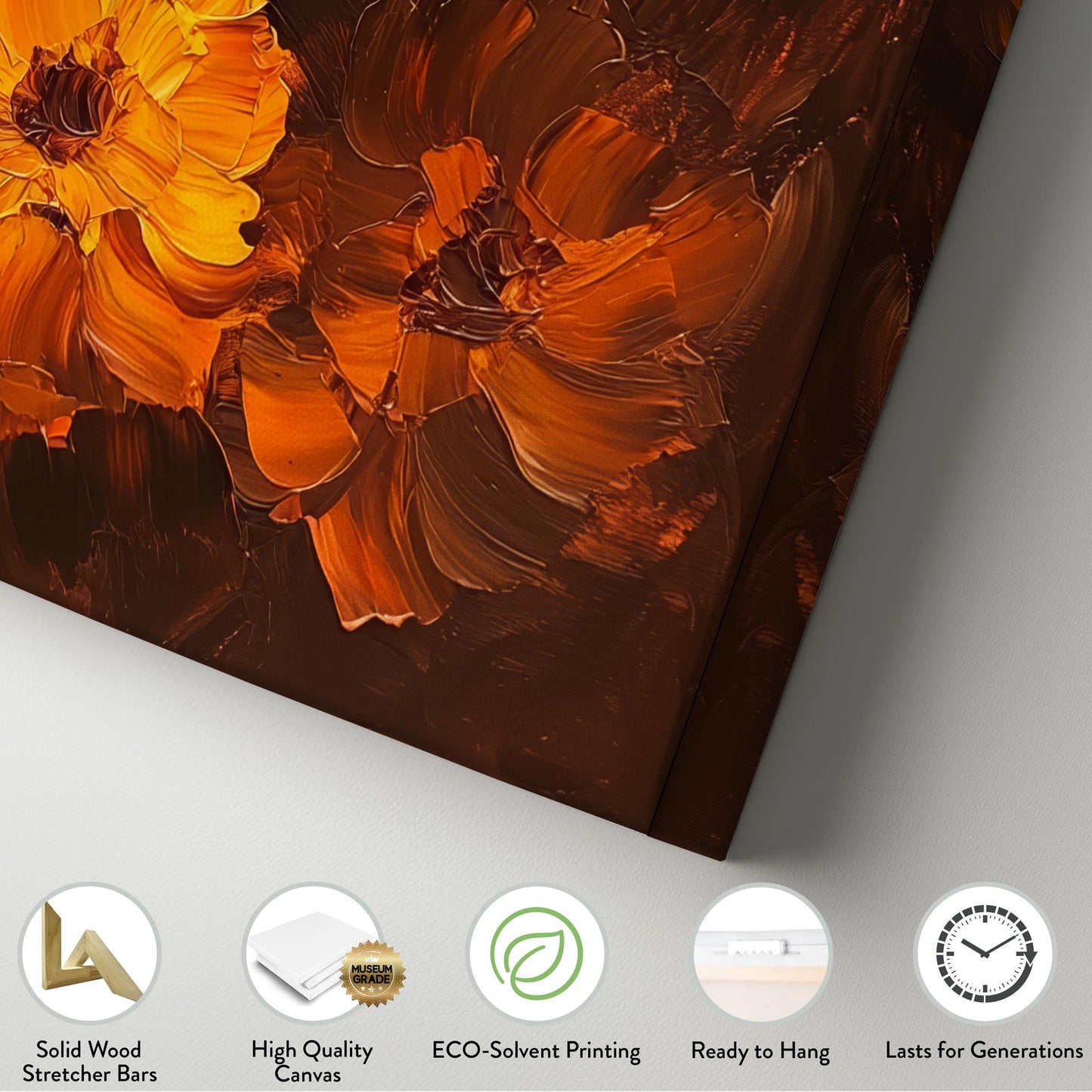 Autumnal Bloom Canvas Art | Impasto Floral Print | Bohemian Wall Art For Living Room | Spiced Amber Art Square Canvas Art