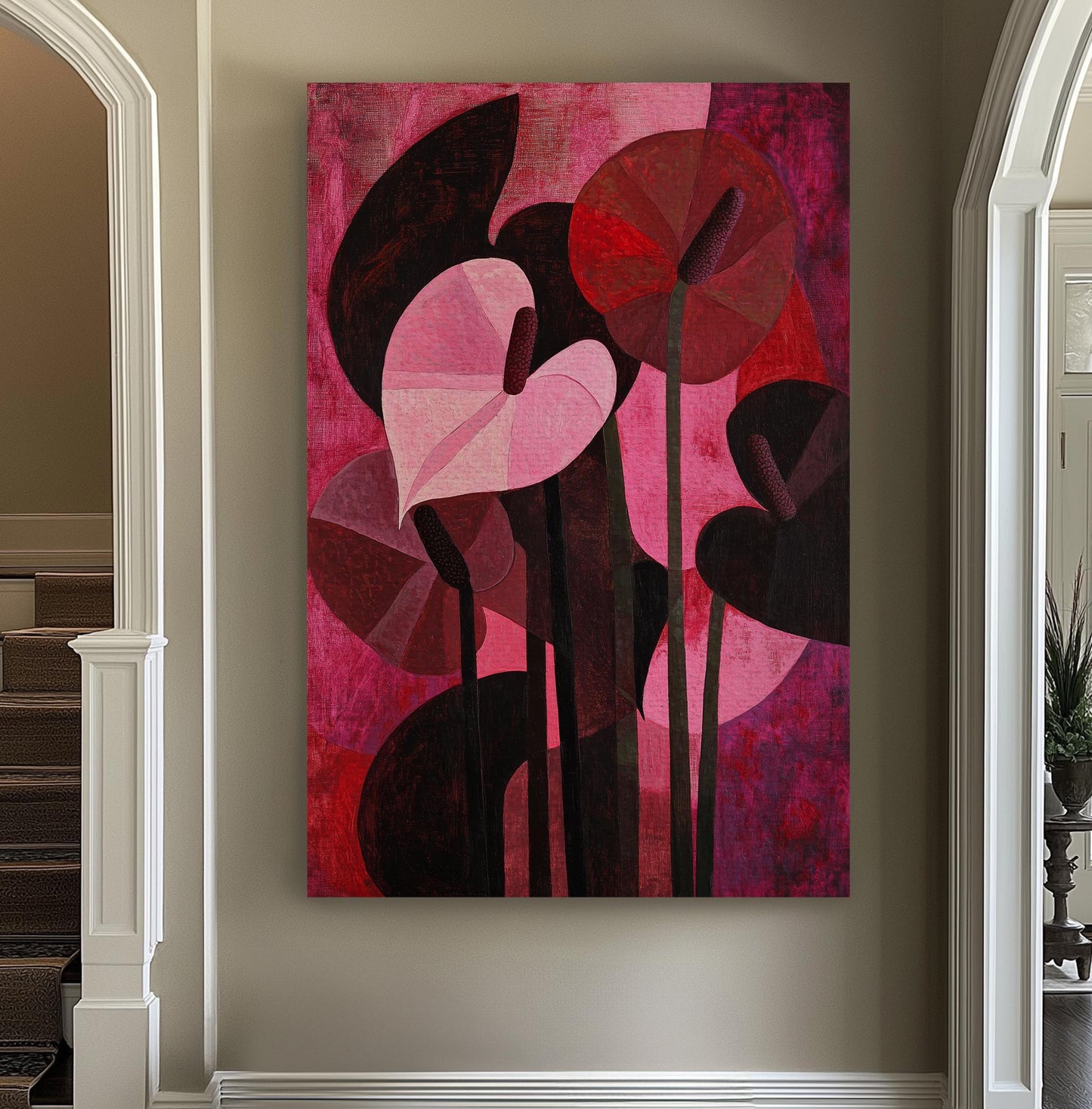 Anthurium Blooms Canvas Art | Impasto Print | Mid Century Modern Wall Art For Living Room | Crimson Rose Art Vertical Canvas