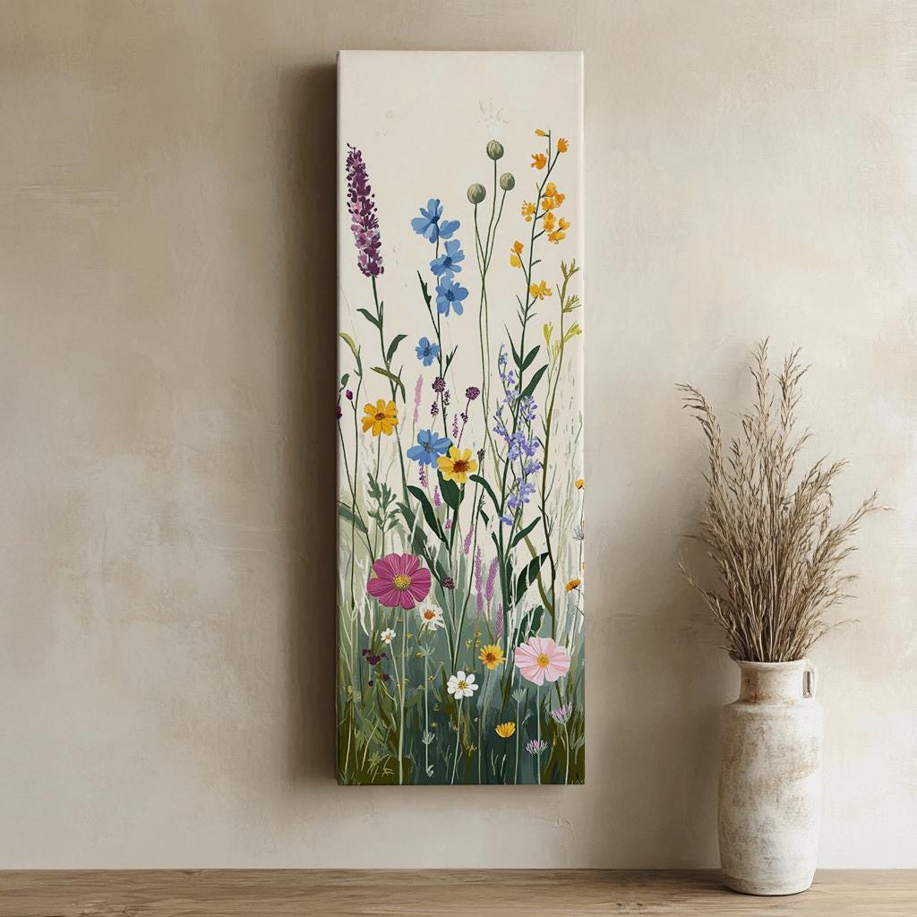 Wildflower Meadow Canvas Art | Impasto Botanical Print | Bohemian Wall Art For Living Room | Creamy Blush Art Long Vertical Art