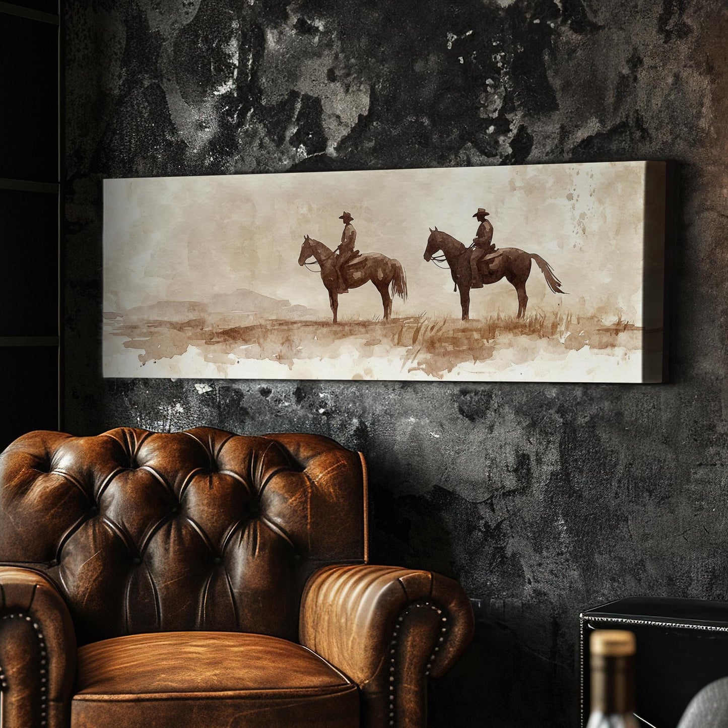 Western Cowboys Canvas Art | Watercolor Silhouette Print | Bohemian Ranch Wall Art For Above Couch | Sienna Oatmilk Art Panoramic Wall Art