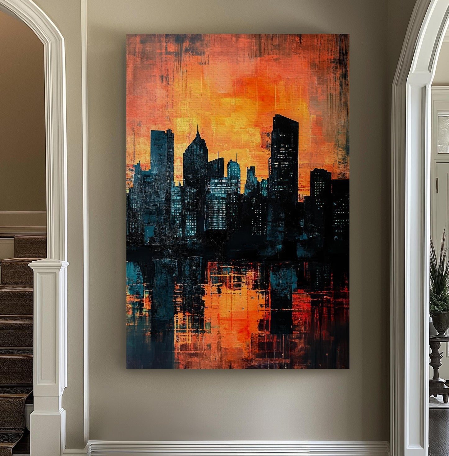 Urban Sunset Canvas Art | Impasto Cityscape Print | Contemporary Wall Art For Living Room | Burnt Orange Teal Art Vertical Canvas