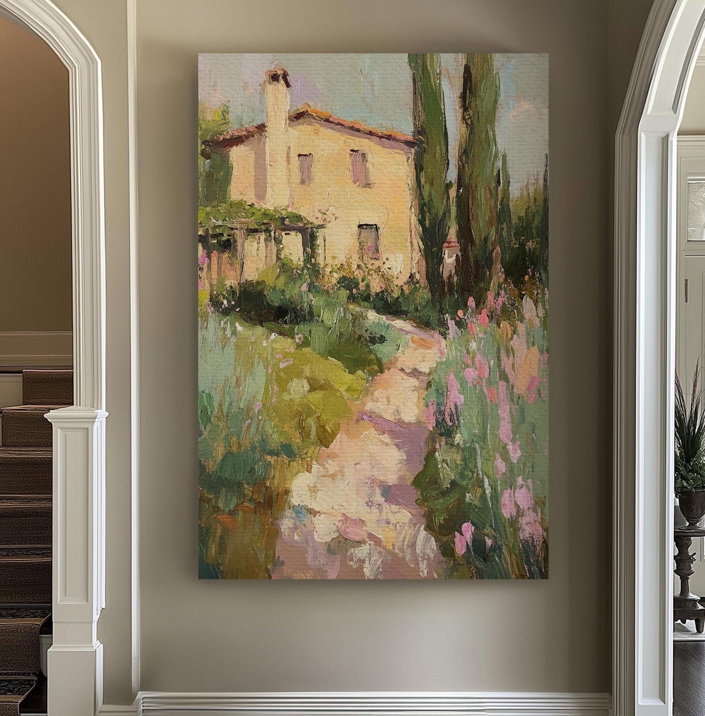 Tuscan Villa Garden Path Canvas Art | Impasto Impressionism Print | Hamptons Style Wall Art For Living Room Vertical Canvas