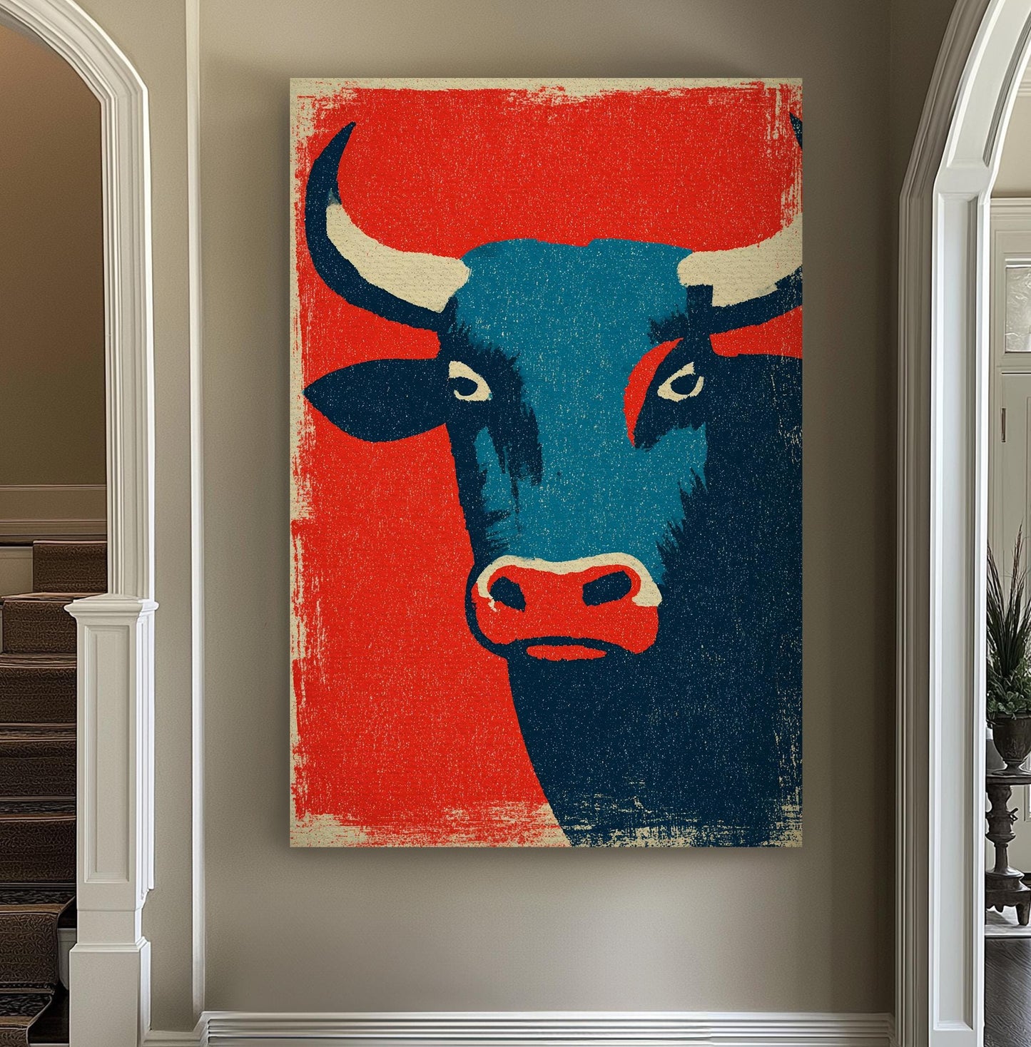 Taurus Bull Canvas Art | Retro Pop Art Print | Mid Century Modern Wall Art For Above Couch | Vermilion Aegean Art Vertical Canvas