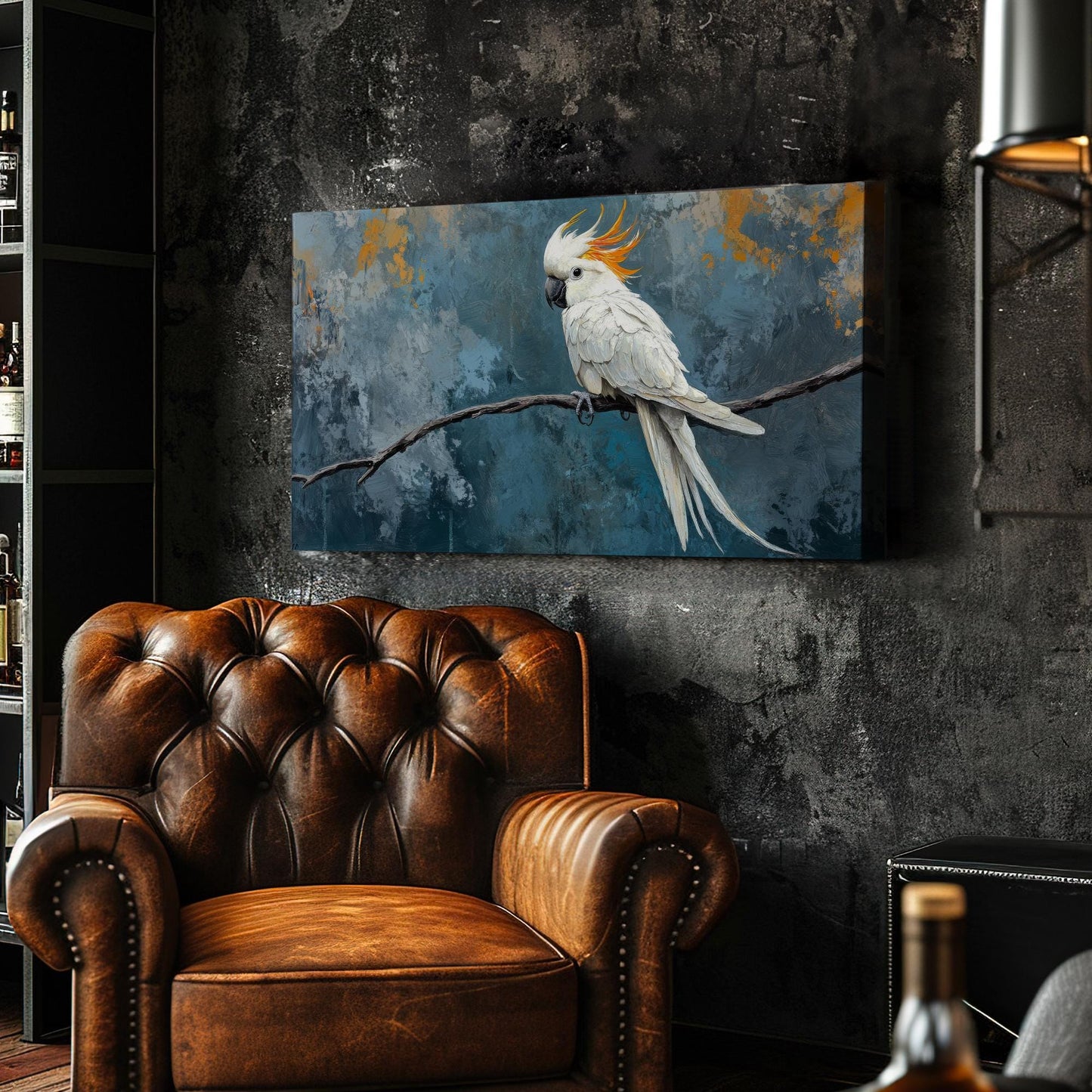 Sulphur Crested Cockatoo Canvas Art | Impasto Print | Bohemian Wall Art For Living Room | Stonewashed Blue Art Horizontal Art