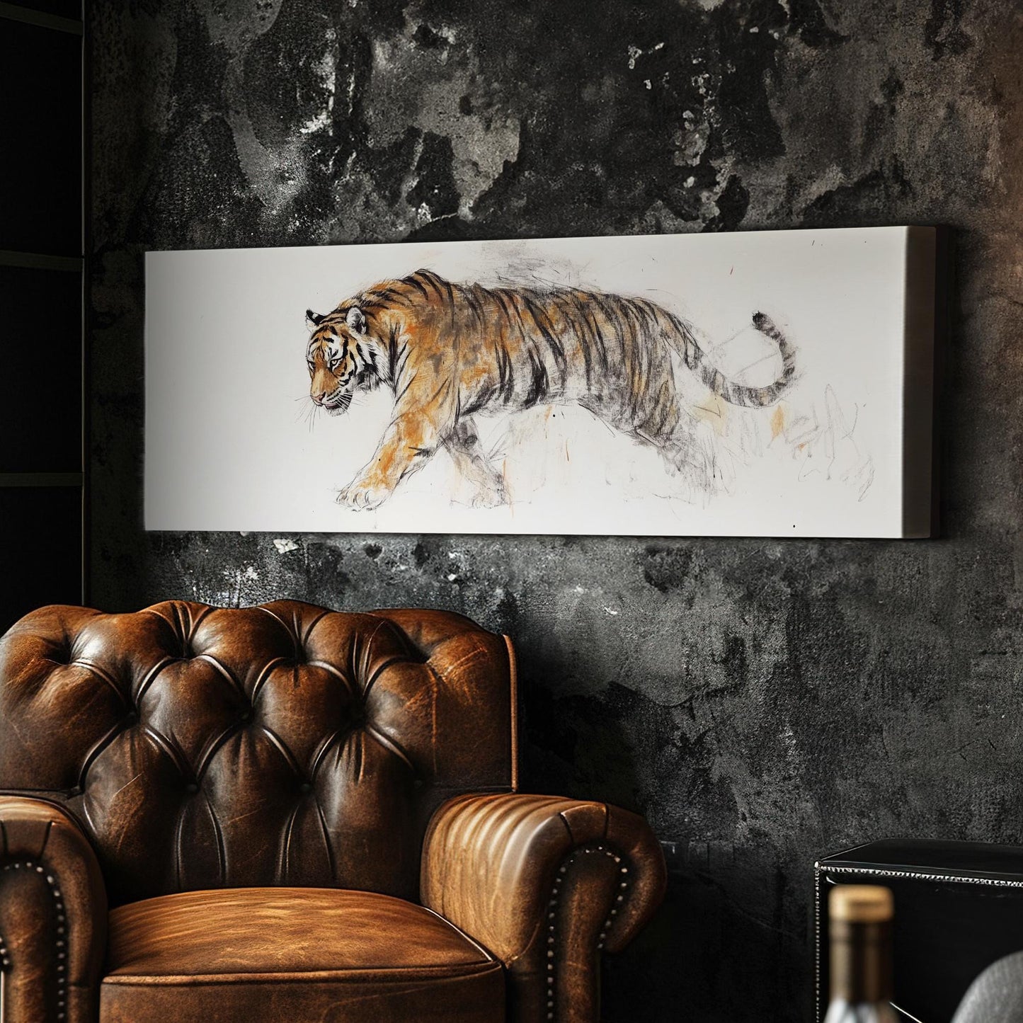 Striking Bengal Tiger Canvas Art | Charcoal Sepia Sketch Print | Bohemian Maximalist Wall Art For Living Room Panoramic Wall Art